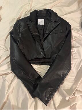 Zara Black Faux Leather Cropped Blazer